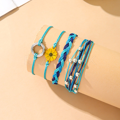4Pcs Flower with Ring Alloy & Wax Cord Braided Bead Bracelets Set FS-WG10F8B-11-1