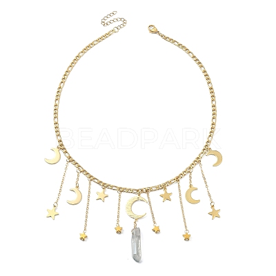 Moon & Star 304 Stainless Steel & Natural Quartz Crystal Charms Bib Necklace NJEW-TA00094-1