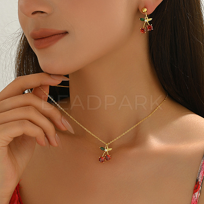 Brass Cherry Stud Earrings & Pendant Necklaces Set Women DP3348-6-1