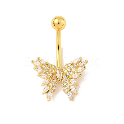 Brass Pave Clear Cubic Zirconia Curved Barbell Butterfly Belly Rings AJEW-L099-01A-G-1