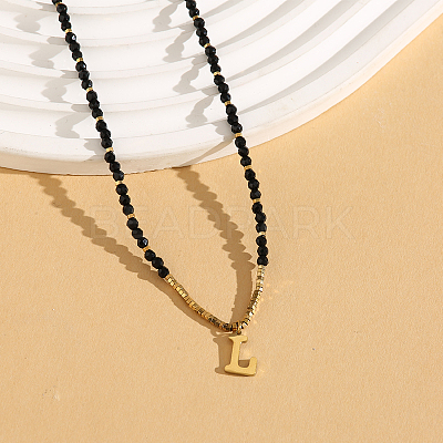 Stainless Steel Initial Pendant Faceted Round Natural Black Spinel Beaded Necklaces for Women ZD9259-12-1