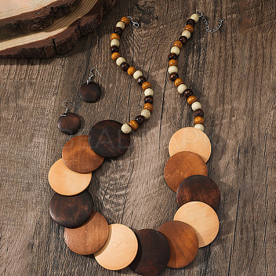 Bohemian Ethnic Style Wood Beaded Multilayer Necklaces & Dangle Earrings Sets WG82ABA-05-1