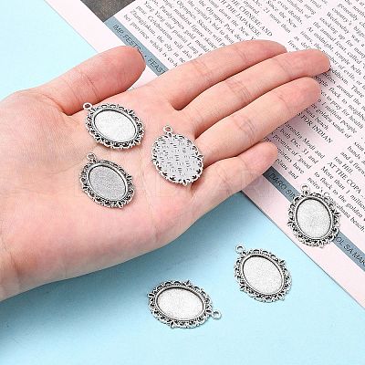 Tibetan Style Antique Silver Alloy Flat Oval Pendant Cabochon Settings LS-TIBEP-M022-19AS-1