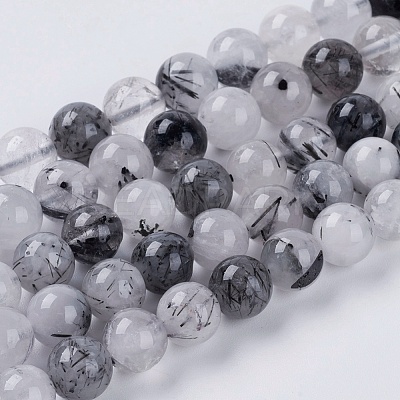 Natural Black Rutilated Quartz Beads Strands G-G448-8mm-13-1
