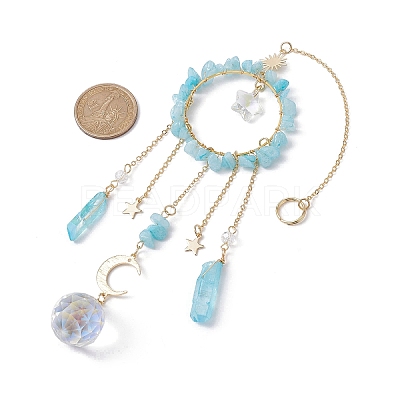Natural Dyed Jade Imitation Aquamarine Chip Pendant Decorations with Brass Moon & Cable Chain & Electroplated Quartz Crystal Tassel HJEW-JM01650-02-1