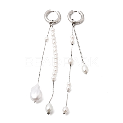 304 Stainless Steel & Glass Pearl Tassel Hoop Earrings for Women EJEW-G463-01P-1