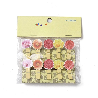 Flower Theme Wooden & Iron Clothes Pins AJEW-H137-07-1