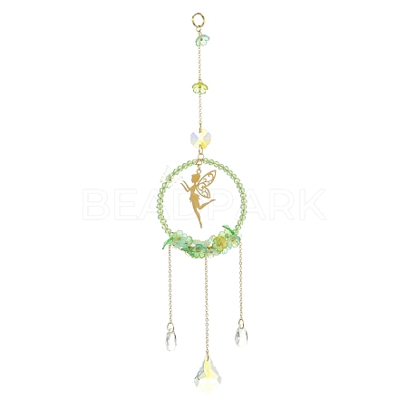 Teardrop Flower Glass & Acrylic Beads Suncatcher with 201 Stainless Steel Fairy Pendants HJEW-JM04988-01-1
