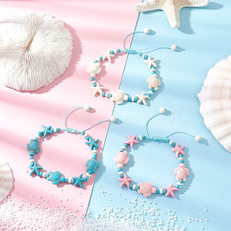 3Pcs 3 Styles Starfish & Turtle Synthetic Turquoise Beads Braided Bead Bracelets for Women BJEW-JB12130-1