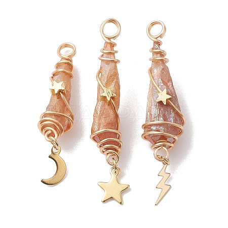 3Pcs 3 Styles Electroplated Natural Quartz Crystal Copper Wire Wrapped Pendants PALLOY-JF02586-07-1