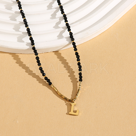 Stainless Steel Initial Pendant Faceted Round Natural Black Spinel Beaded Necklaces for Women ZD9259-12-1