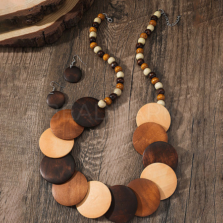 Bohemian Ethnic Style Wood Beaded Multilayer Necklaces & Dangle Earrings Sets WG82ABA-05-1