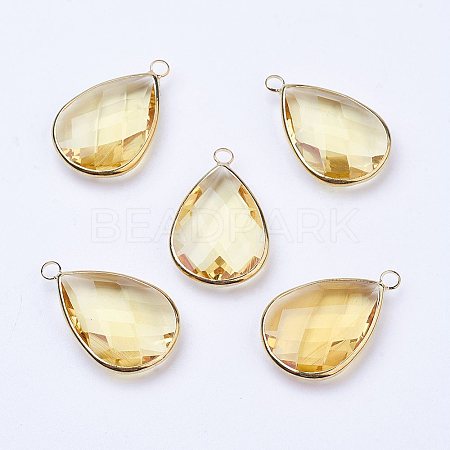 Golden Tone Brass Glass Teardrop Pendants X-GLAA-M006-A-18G-1
