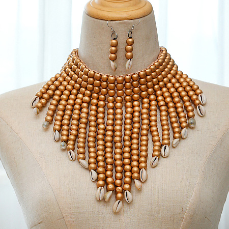 Alloy & Natural Shell & Wood Bead Necklaces & Dangle Earrings for Women FS-WG28A7F-02-1