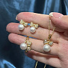 Bowknot Round Natural Freshwater Pearl Pendant Necklaces & Stud Earrings & Rings Sets FS-WGFC678-01-2