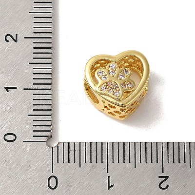 Heart with Paw Print Pattern Rack Plating Brass Micro Pave Cubic Zirconia European Beads KK-G511-05A-G-1