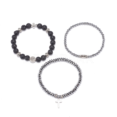 3Pcs 3 Style Natural Lava Rock & Synthetic Hematite Stretch Bracelets Set BJEW-JB08692-1