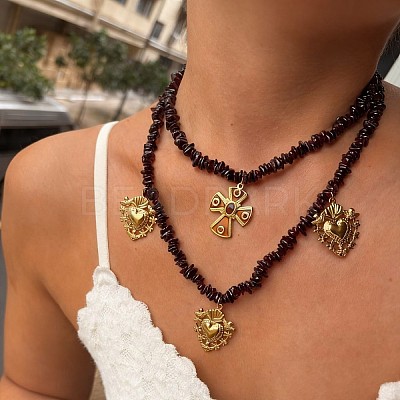 316 Surgical Stainless Steel Enamel Cross Sacred Heart Pendant Natural Garnet Chip Beaded Double Layer Necklaces for Women WG114DF-01-1