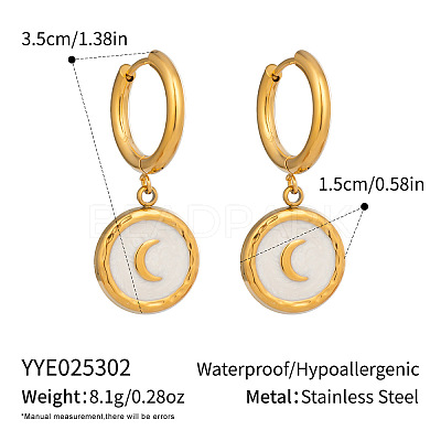 304 Stainless Steel Flat Round with Moon Pendant Hoop Earrings for Women FB1045-1-1
