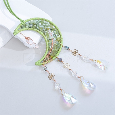 Natural Peridiot Chips Moon with Tree of Life Pendant Decorations TREE-PW0003-14-1