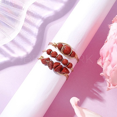 3Pcs Natural Red Jasper Bead Finger Ring RJEW-JR00855-05-1