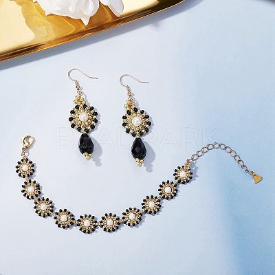 Shell Pearl & Glass Seed Braided Flat Round Dangle Earring and Beaded Bracelets Sets SJEW-SW00007-1