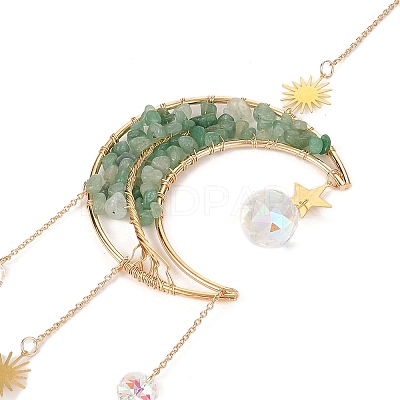 Wire Wrapped Natural Green Aventurine Moon with Tree of Life Pendant Decorations HJEW-K046-07G-04-1