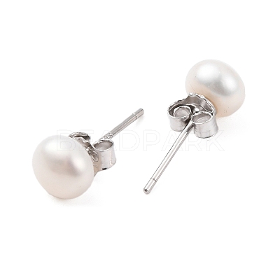 Natural Pearl Round Bead Stud Earrings X-EJEW-E298-01C-01P-1