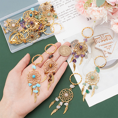 12Pcs Woven Net/Web with Feather Natural & Synthetic Gemstone Pendant Keychain KEYC-PH0001-80-1