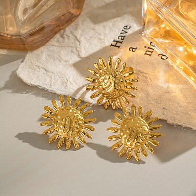 Stainless Steel Textured Flower Stud Earring & Ring Sets JX4934-3-1