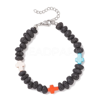 Synthetic Turquoise Cross & Natural Lava Rock Nuggets Beaded Bracelets BJEW-JB12194-1