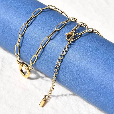 304 Stainless Steel Ring Pendant Paperclip Chain Necklaces for Women NJEW-Z091-02G-1