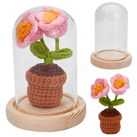 WADORN 1 Set Glass Cloche Bell Jar Terrarium with 1Pc Handmade Knitting Crochet Artificial Lily of the Valley Potted DJEW-WR0001-01B-1