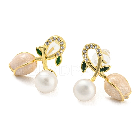 Cubic Zirconia Tulip & Natural Pearl Stud Earrings EJEW-Z020-02G-1