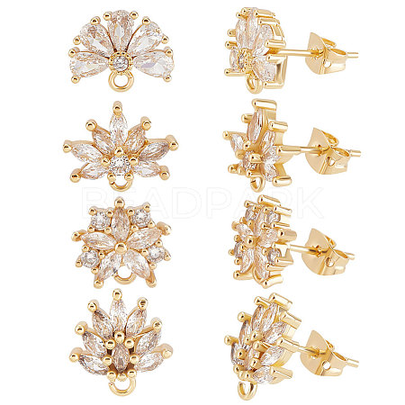 4 Pairs 4 Style Brass Cubic Zirconia Flower Stud Earring Findings EJEW-BBC0001-11-1