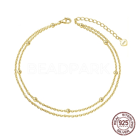 925 Sterling Silver Double Layered Cable Chain Anklet with Beads for Women AJEW-F162-005G-1