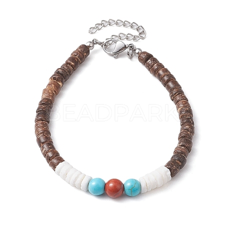 Summer Beach Round Natural Red Jasper & Synthetic Turquoise & White Shell & Coconut Beaded Bracelets BJEW-JB10813-1