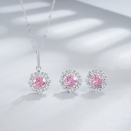 Flower 925 Sterling Silver with Cubic Zirconia Pendant Necklace & Stud Earring FS-WG92113-11-1