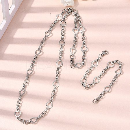 304 Stainless Steel Heart Link Chain Bracelet & Necklace Jewelry Sets SJEW-L199-08P-1