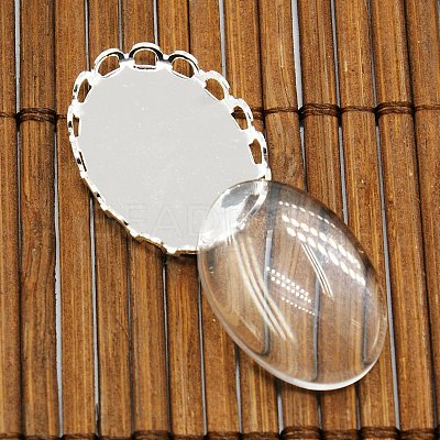 Brass Cabochon Settings and Oval Transparent Clear Glass Cabochons for DIY Jewelry Making KK-MSMC015-14S-RS-1
