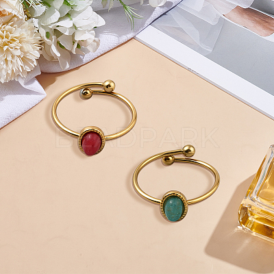 2Pcs 2 Colors Stainless Steel with Synthesis Gemstone Adjustable Cuff Rings RJEW-GO0001-27A-1
