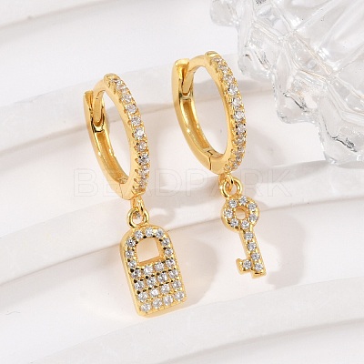 Lock & Key 925 Sterling Silver Micro Pave Clear Cubic Zirconia Hoop Earrings for Women EJEW-G427-01G-03-1