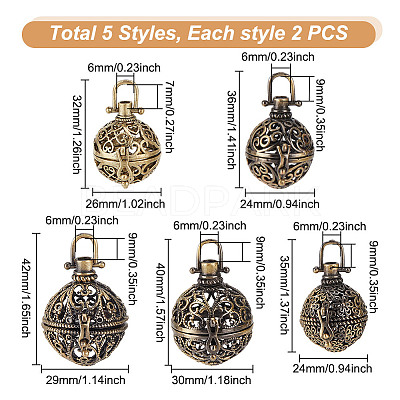 10Pcs 5 Styles Brass Cage Pendants KK-FI0001-11-1