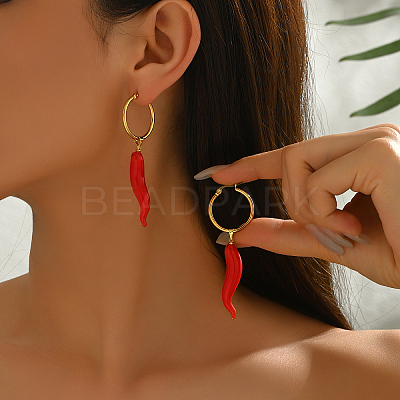 Vintage Stainless Steel Red Chili Hoop Earrings FZ6650-1