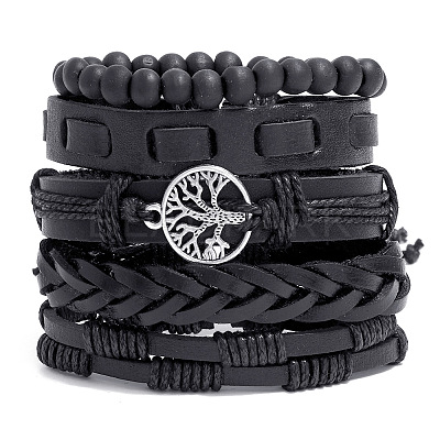 5Pcs 5 Style PU Leather Cord Bracelets Set PW-WG34135-01-1