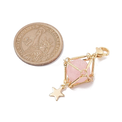 Natural Rose Quartz Brass Pendant Decorations HJEW-JM01817-01-1