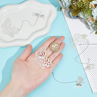 3Pcs 3 Styles Butterfly & Butterfly & Dragonfly Filigree Brass Bookmark with Chains AJEW-SC0002-93P-1
