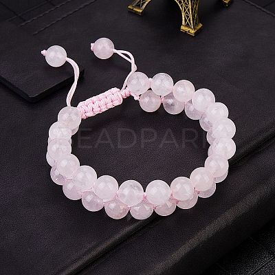 Natural Rose Quartz Braided Bead Bracelet BJEW-SW00001-08-1