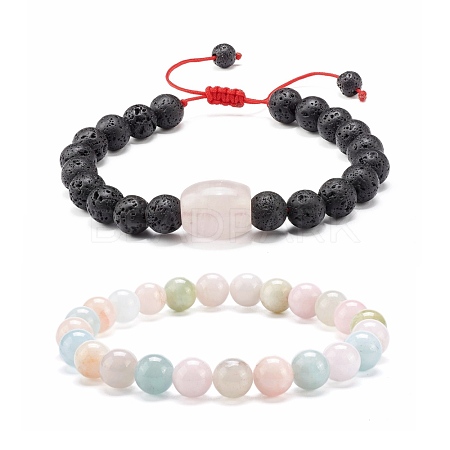 Natural Morganite & Rose Quartz & Lava Rock Braided Bead Bracelets Set for Girl Women BJEW-JB06972-02-1