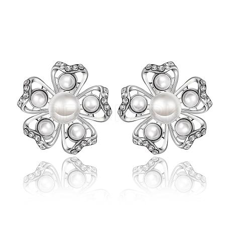Pretty Flower Tin Alloy Rhinestone Imitation Pearl Stud Earrings BB08813-P-1